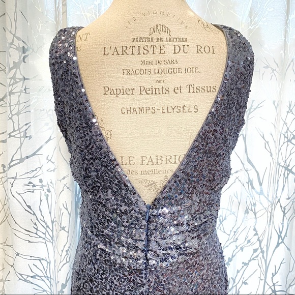 Badgley Mischka blue sequin sleeveless high neck low V open back long gown dress - Picture 9 of 16